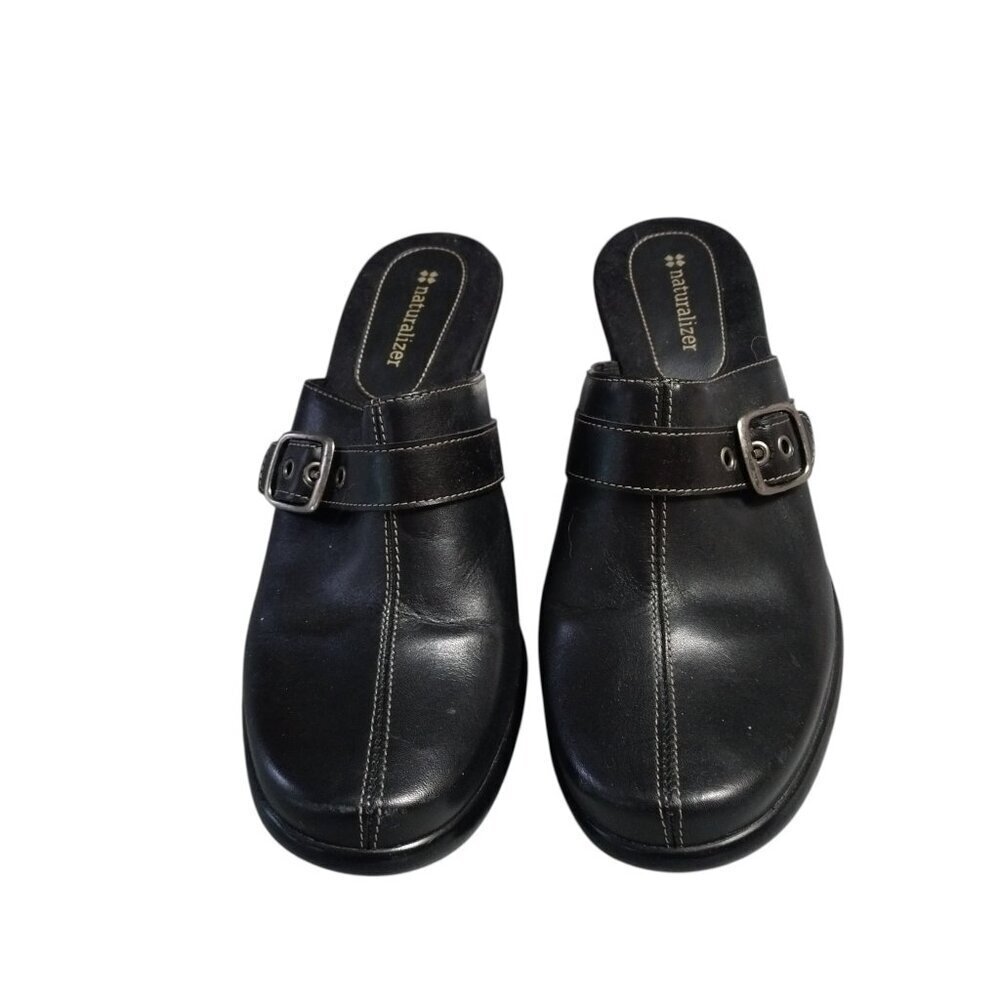 Naturalizer Size 8M Black Leather Slip On Clogs Wedge Shoes Buckle Comfort Shoes